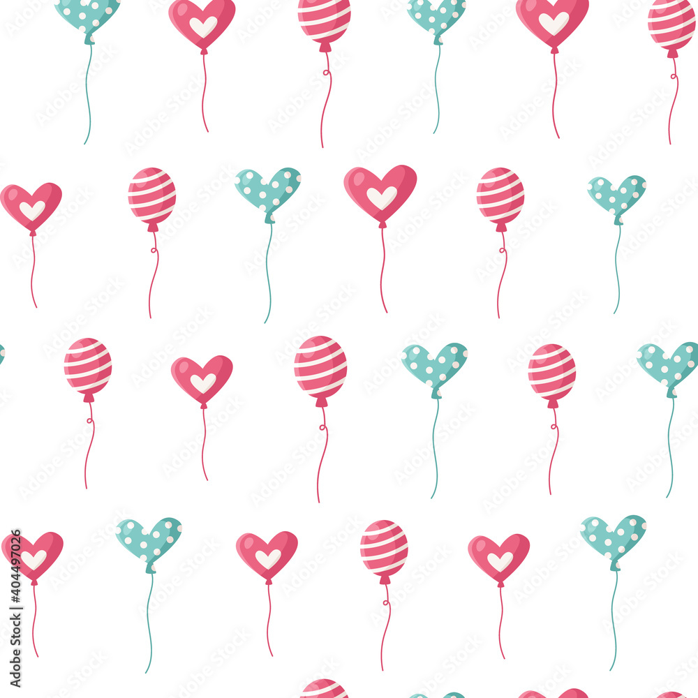 Valentine day cartoon seamless pattern - cute kids valentine ballon and heart, nursery endless digital paper in pink and peppermint color, background for textile, scrapbooking, wrapping paper