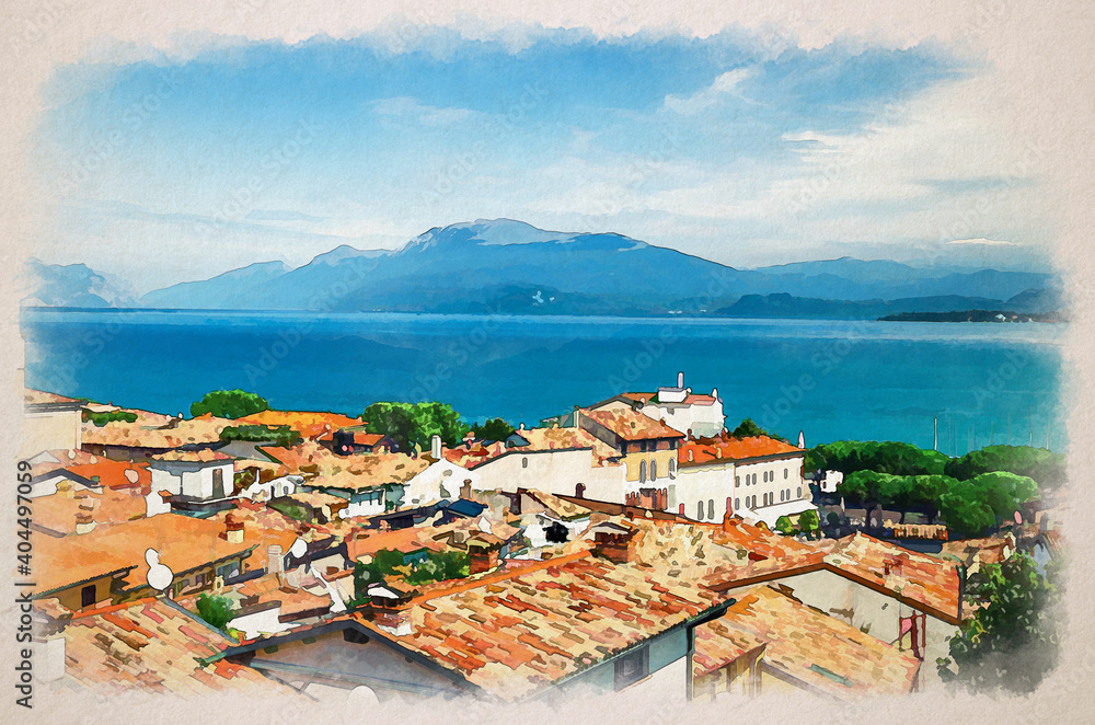 Watercolor drawing of Aerial panoramic view of Desenzano del Garda town with red tiled roof buildings, Garda Lake water, Monte Baldo mountain range