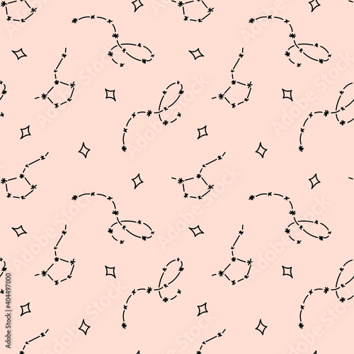 Space celestial doodle seamless pattern - black and white hand drawn line digital paper with space  stars  constellations  cute kids seamless background for textile  scrapbooking  wrapping paper