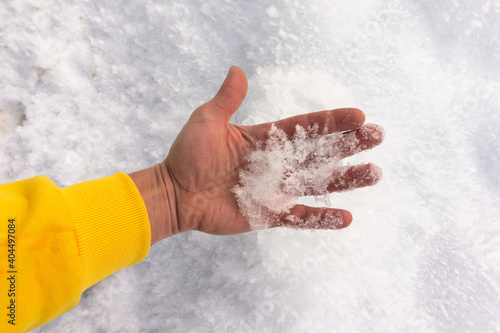 snow in large beautiful snowflakes in a man's hand in a yellow hoodie