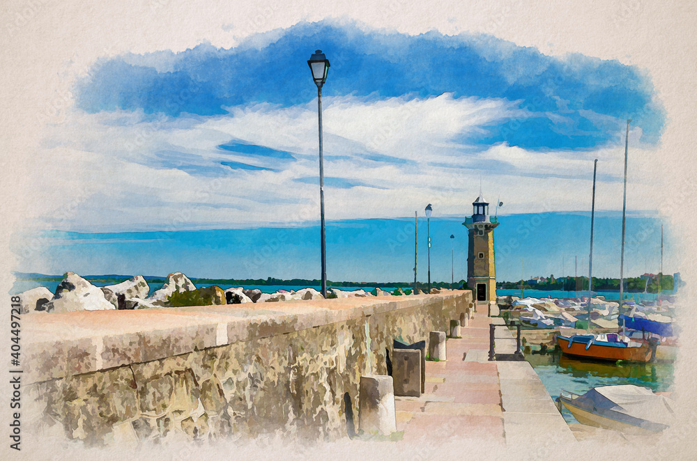 Watercolor drawing of Stone pier mole with lighthouse, street lights and yachts on boat parking port marina in Desenzano del Garda town