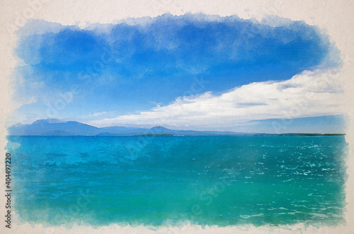 Watercolor drawing of Garda Lake azure turquoise water with view of Monte Baldo mountain range and Sirmione peninsula