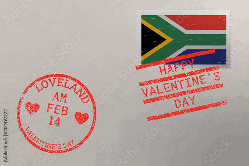 Postage stamp envelope with South Africa flag and Valentines Day stamps, vector