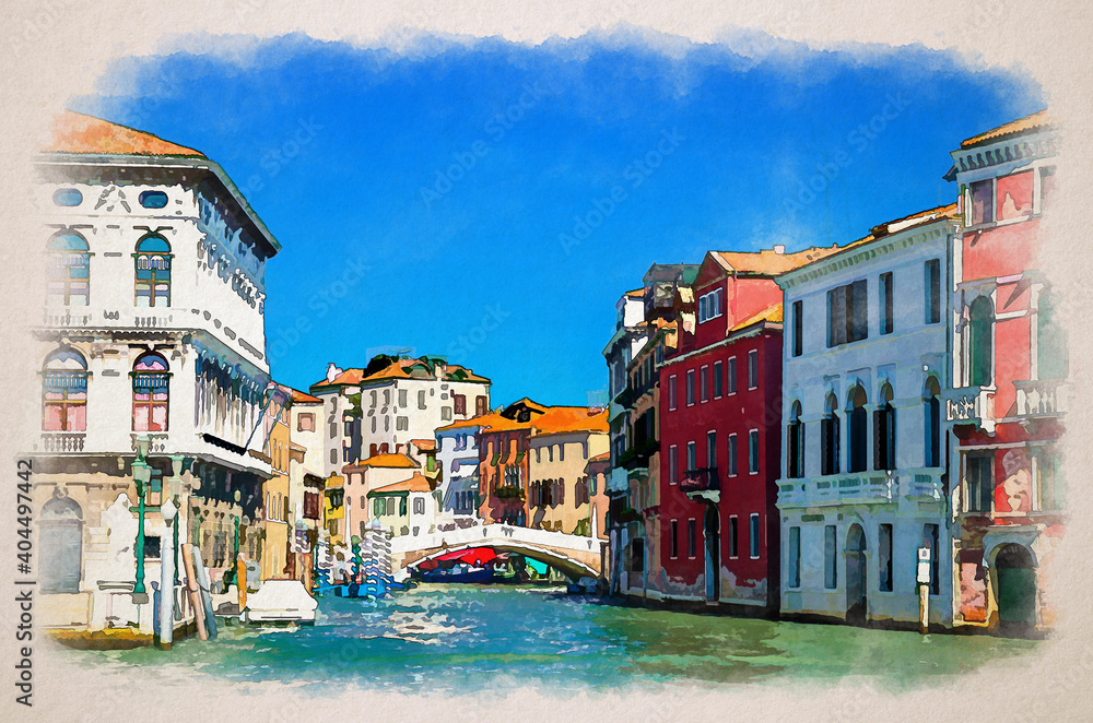 Watercolor drawing of Venice Grand Canal waterway cross Cannaregio Canal with Palazzo Labia palace, Ponte delle Guglie bridge