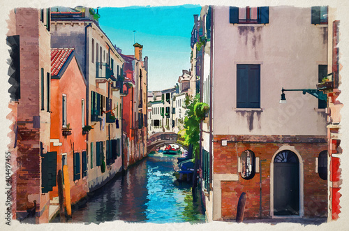 Watercolor drawing of Venice cityscape with narrow water canal with boats moored between old colorful buildings and stone bridge