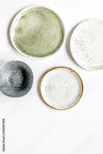 ceramic tableware top view on white background mock up