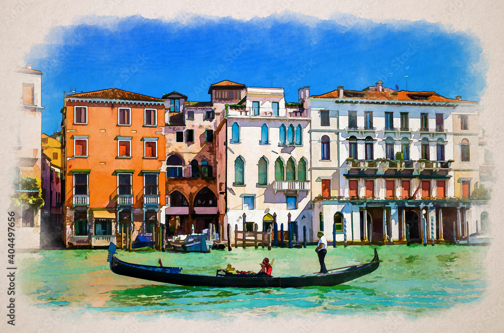 Watercolor drawing of Venice: gondolier and tourists on gondola traditional boat sailing on water of Grand Canal waterway