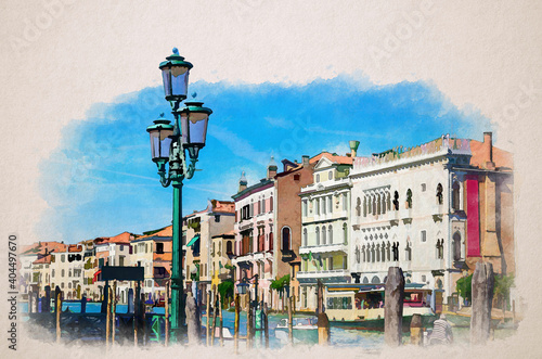 Watercolor drawing of Pier dock with wooden poles of Grand Canal waterway in Venice historical city centre with row of colorful buildings Venetian architecture