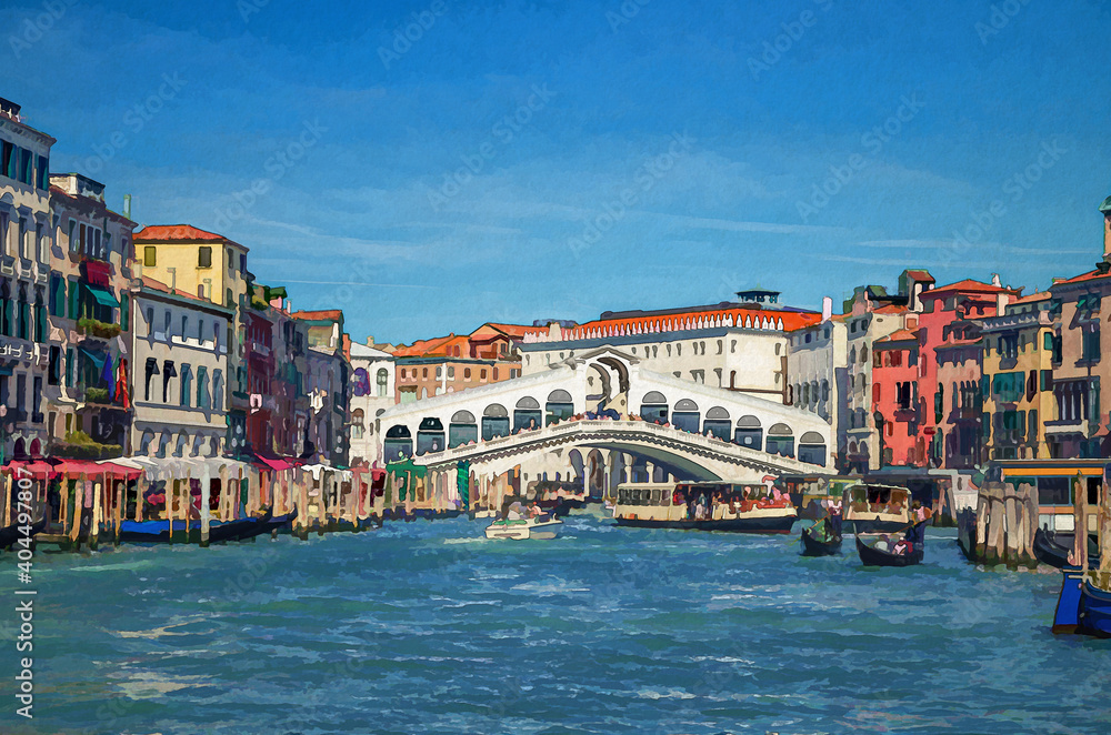 Watercolor drawing of Venice: cityscape with Rialto Bridge across Grand Canal waterway, Venetian architecture colorful buildings, gondolas