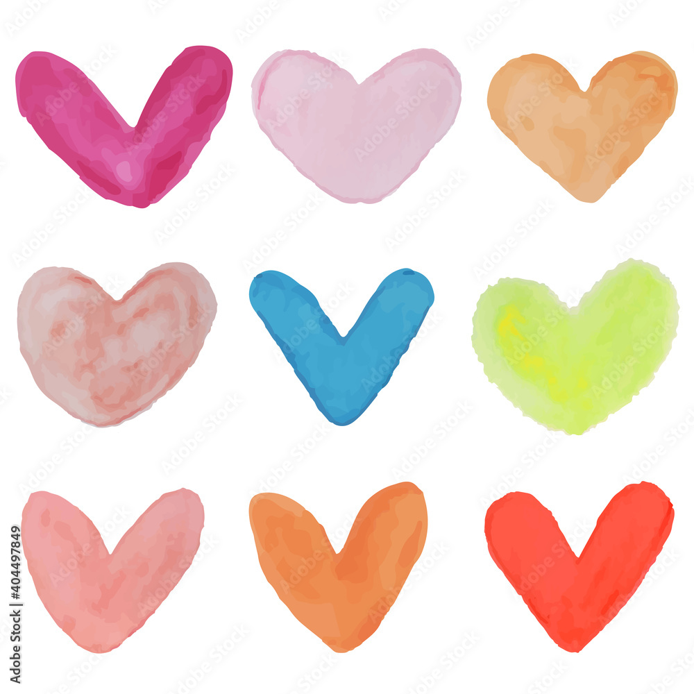 Vector set watercolor hearts, multicolored love set