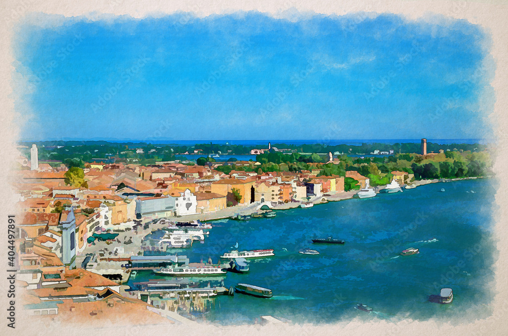 Watercolor drawing of Aerial panoramic view of Venice historical city centre, Riva degli Schiavoni waterfront with moored ships and boats