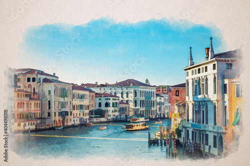 Watercolor drawing of Venice cityscape with Grand Canal waterway. Vaporettos and boats sailing Canal Grande. Baroque style buildings photo