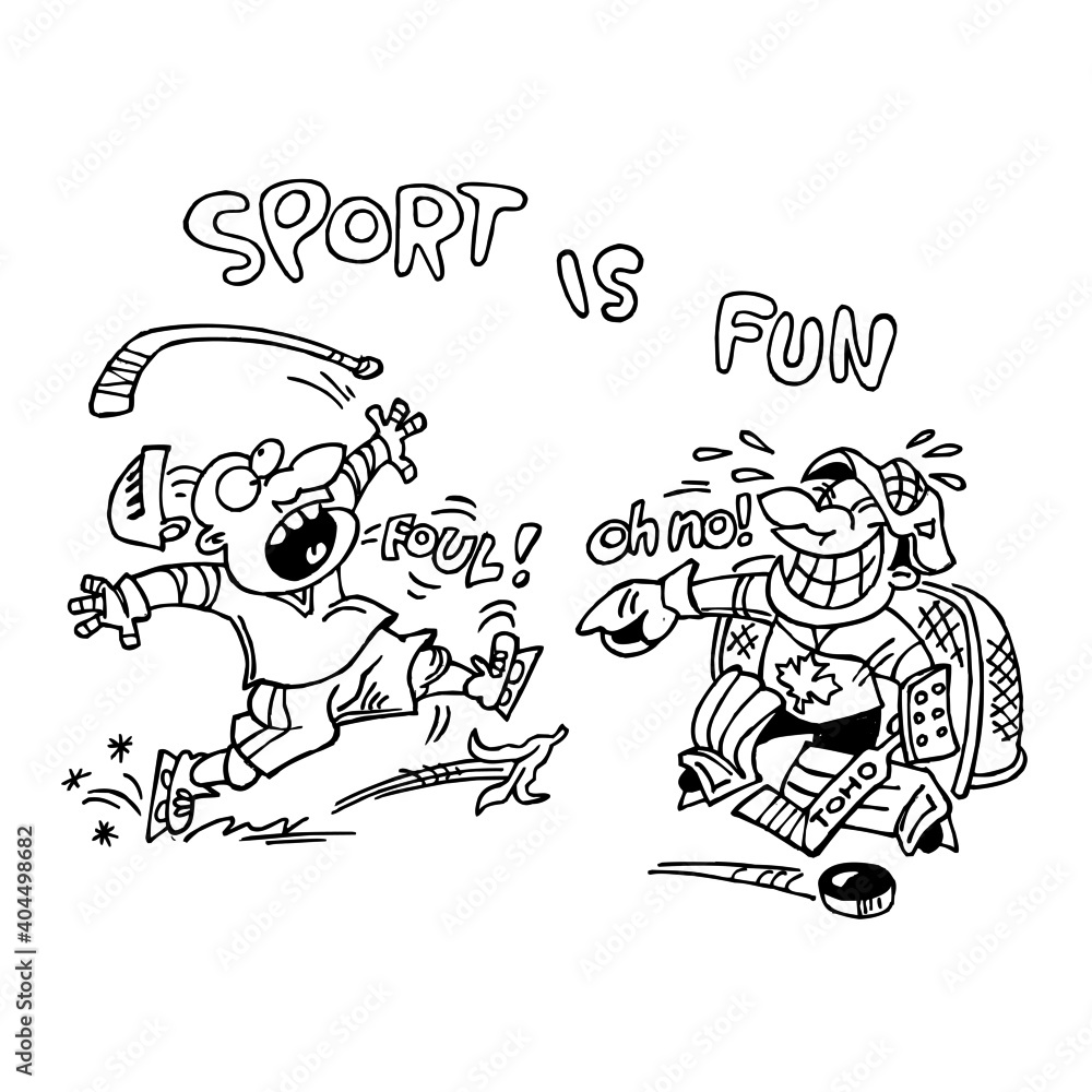 Fototapeta premium Hockey striker slipped on banana peel and goalkeeper laughs at him, attacks and fouls, sport is fun, black and white cartoon