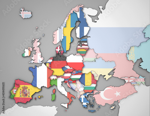 3D Europakarte inkl. Zwergstaaten und dem Kaukasus mit Flaggen der EU Staaten und restlicher Staaten (transparenter)