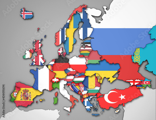 3D Europakarte inkl. Zwergstaaten und dem Kaukasus mit Flaggen aller Staaten