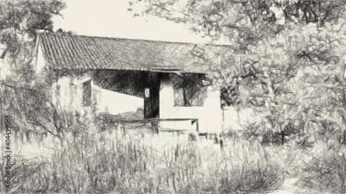 Wallpaper Mural art drawing black and white of abandoned home Torontodigital.ca
