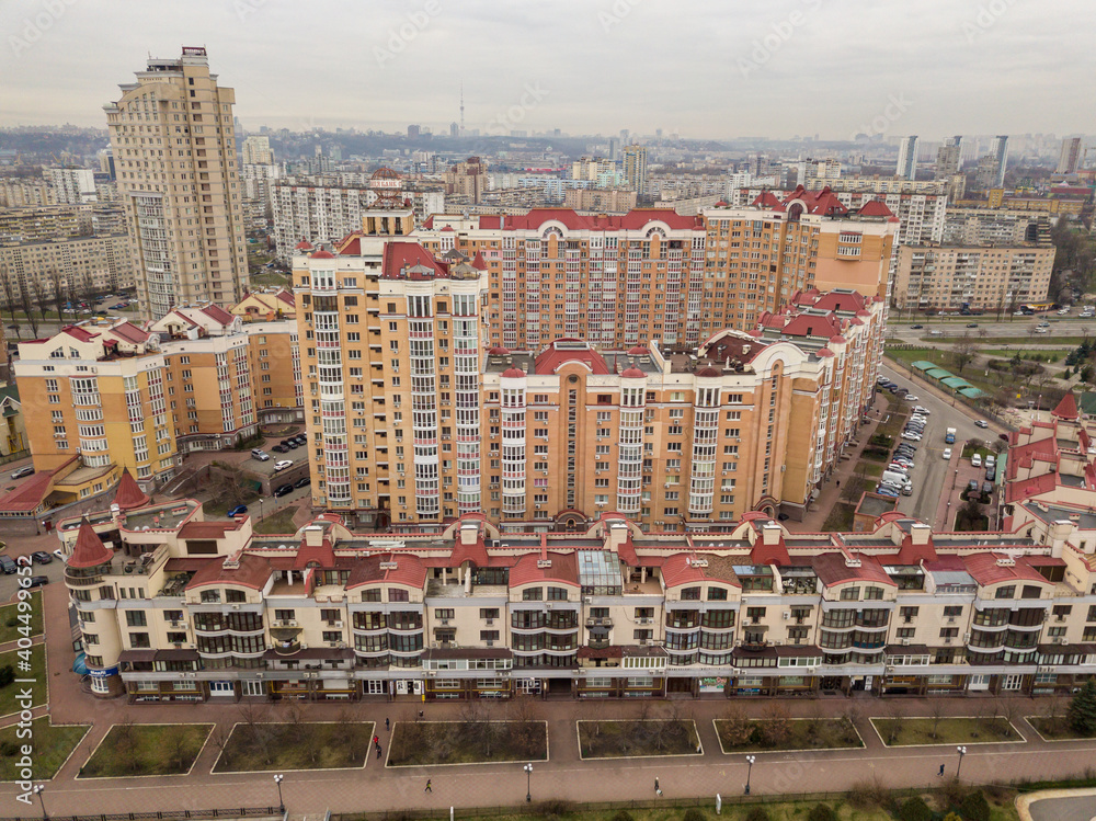 Aerial drone view. Residential buildings in Kiev.