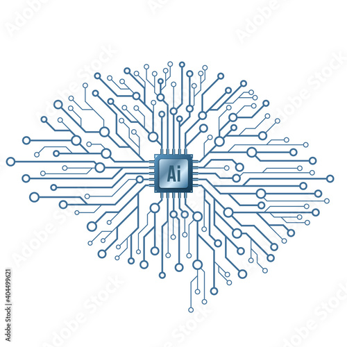 Artificial intelligence. Cyborg technological brain on white background. Computer circuit board with a processor. Cyber thinking. Vector illustration