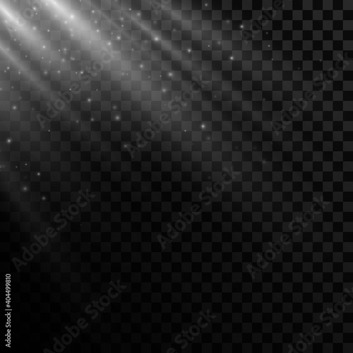 Bright light effect on a transparent background. Falling rays with flying glowing dust. Soft sunbeams with glare. Vector illustration