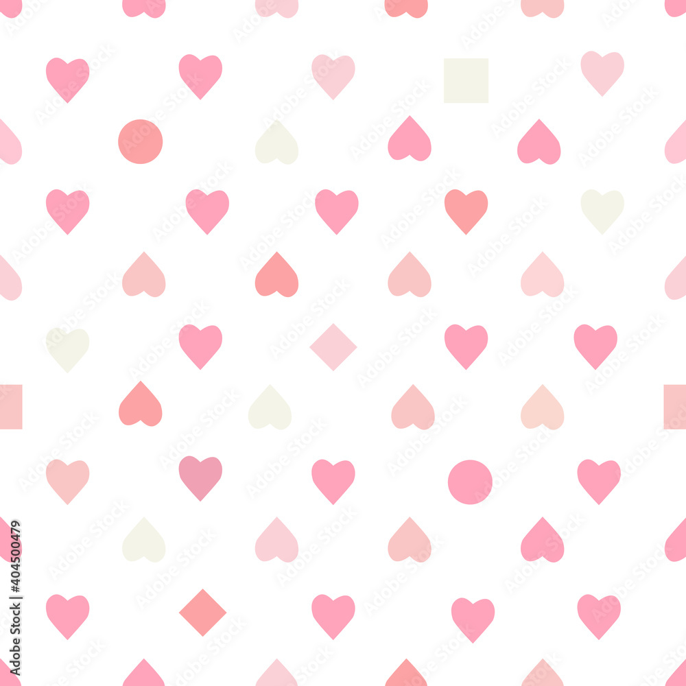 Vector seamless pattern with pink hearts on white background. For wallpaper, gift and wrapping paper, greeting card and wedding invitations, textile, fabric and linen, pajamas, web page.