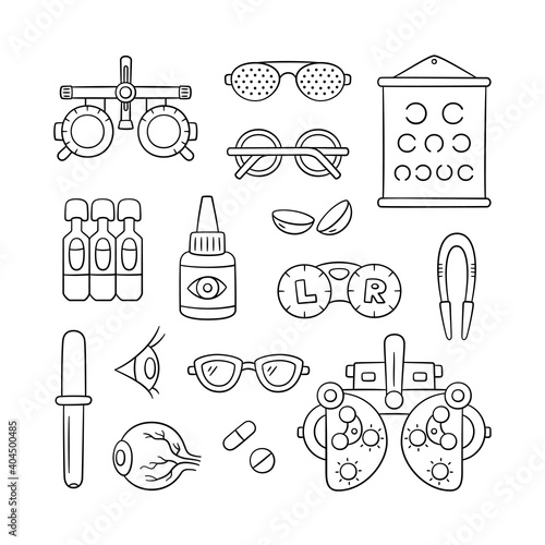 Ophthalmology hand drawn set. Contact lens, eyeball, glasses, phoropter and more. Optometry doodle objects. Vector illustration on white background