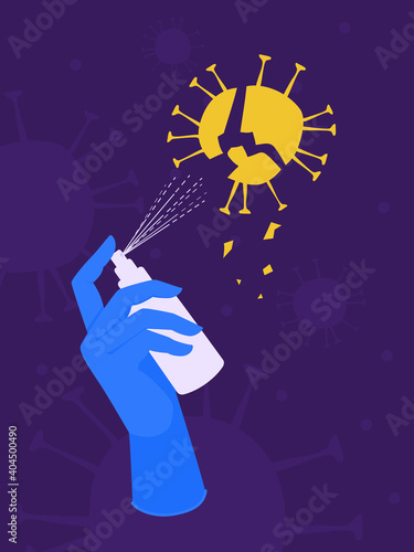 An antiseptic spray kills the coronavirus molecule. Sanitizer destroys, breaks apart the virus. A human hand wears a surgical glove, holds a spraying bottle. A vector cartoon illustration.