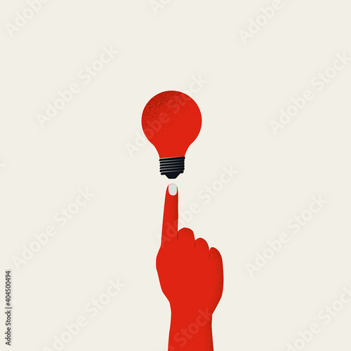 Creative new idea vector concept. Hand points to lightbulb. Breakthrough, heureka moment.