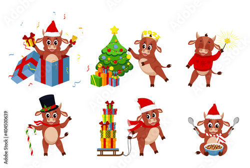 Cute ox. Color bulls chinese new year 2021 symbol. Vector illustration in trendy mustard colors. Isolated on white background.