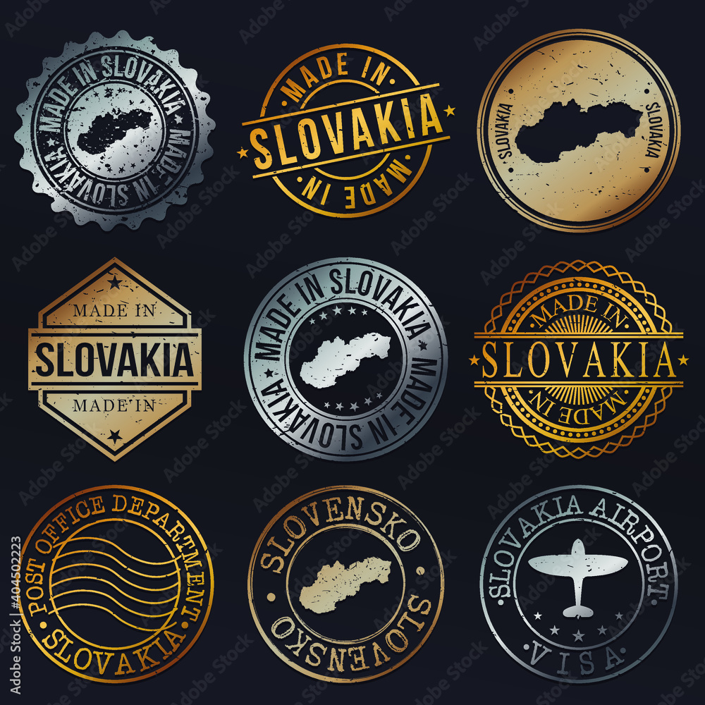 Slovakia Map Metal Stamps. Gold Made In Product Seal. National Logo Icon. Symbol Design Insignia Country. Slovakia Map Metal Stamps. Gold Made In Product Seal. National Logo Icon. Symbol Design Insignia Country.