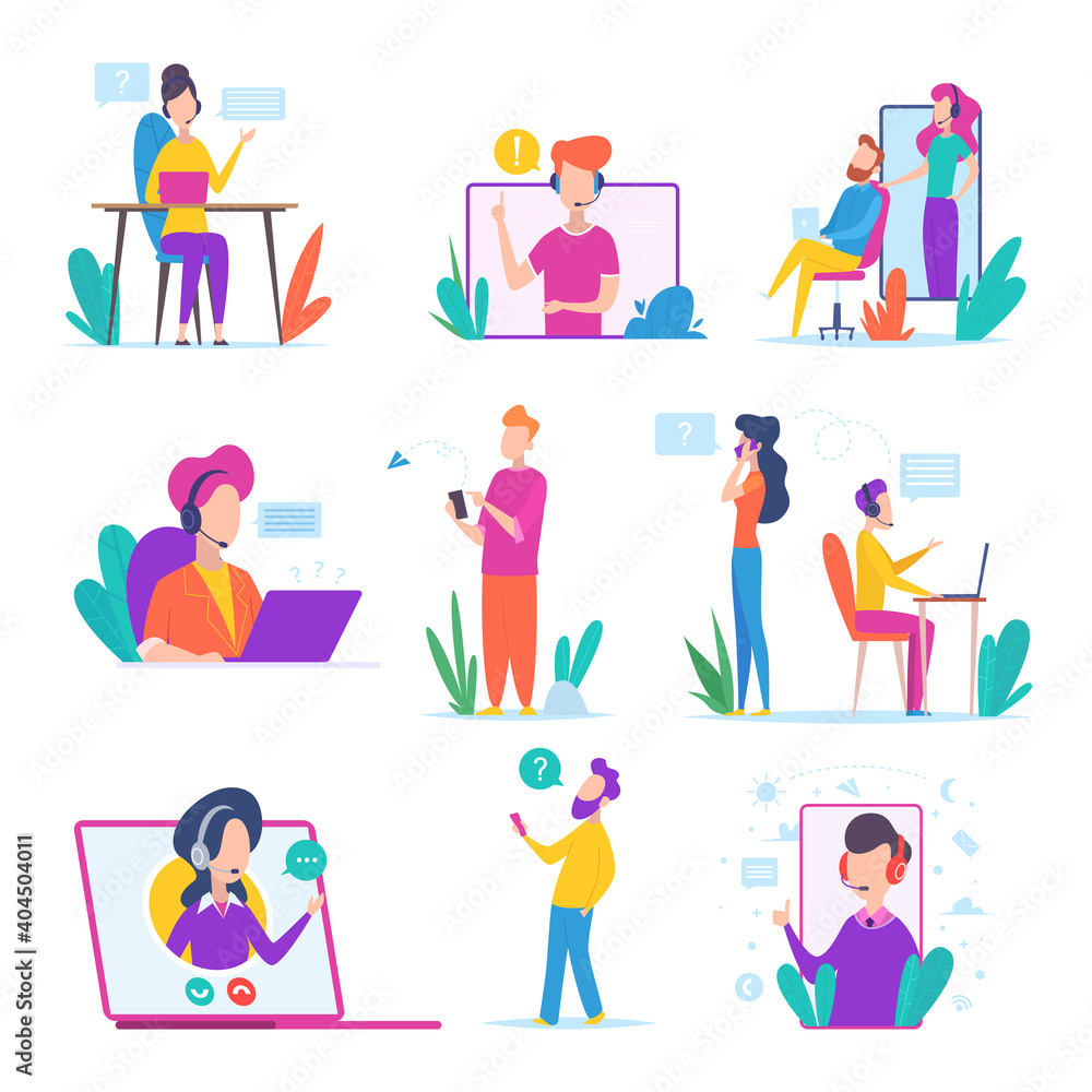 Customer service. Supporting headphones agents speaking phone and helping clients virtual business talk vector hotline media. Operator and agent headphone, person assistance online illustration