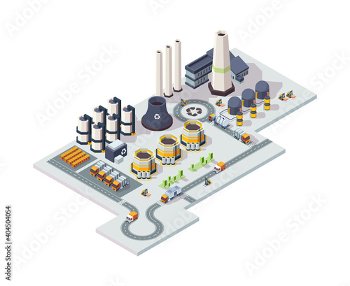 Recycling garbage factory. Industrial chemical plant architectural set vector lowpoly 3d isometric buildings. Illustration isometric recycling, polluted and industrial service