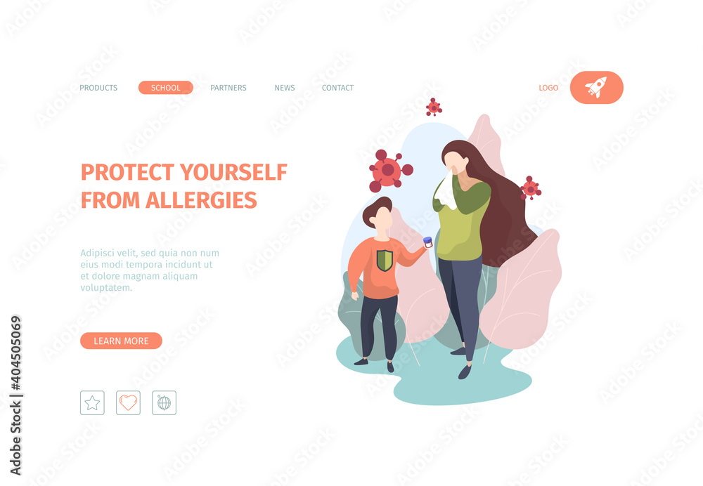 Allergy landing. Chronicity asthma sickness symptoms medical patients garish vector web page template. Illustration protect allergy website, medical healthcare Allergy landing. Chronicity asthma sickness symptoms medical patients garish vector web page template. Illustration protect allergy website, medical healthcare