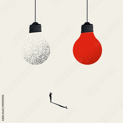 Creativity business vector concept with two lightbulbs and businessman. Symbol of new ideas, innovation.