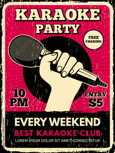 Karaoke party poster. Music club placard with microphone silhouettes recent vector flyer template. Karaoke music poster party, musical microphone illustration