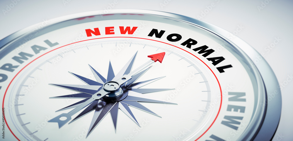 Silver compass with red needle pointing to the words new normal - 3D illustration Silver compass with red needle pointing to the words new normal - 3D illustration