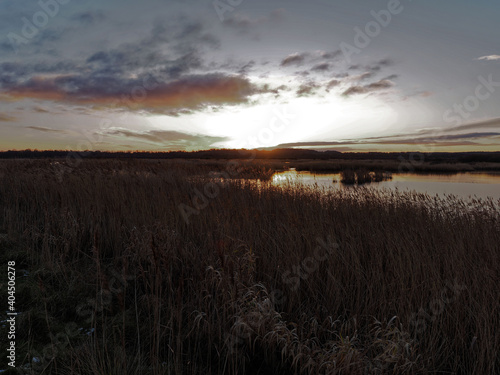 Sunset over the reedbeds on the wetlands at St Aidans Nature reserve