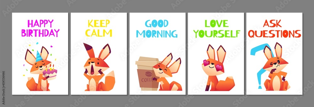 Wild cute fox cards. Positive cartoon animal banners, birthday love yourself, good morning vector flyers. Illustration postcard with animal fox baby