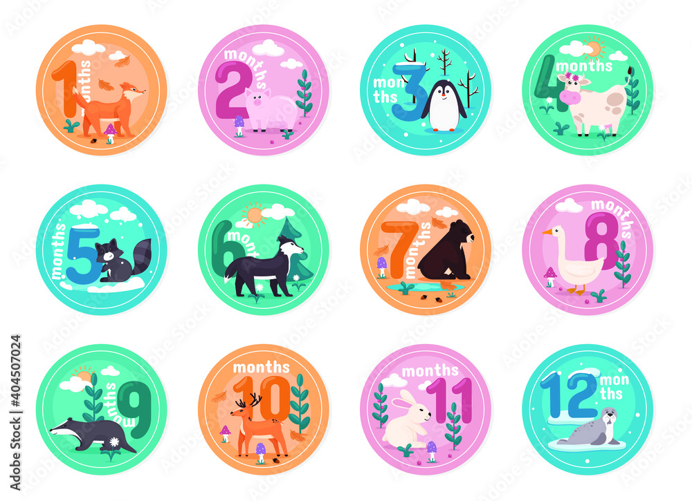 Collection for a newborn baby girl from 1 to 12 months, isolated on white background. Monthly baby stickers with cute animals to capture baby's special moments. Vector illustration Collection for a newborn baby girl from 1 to 12 months, isolated on white background. Monthly baby stickers with cute animals to capture baby's special moments. Vector illustration