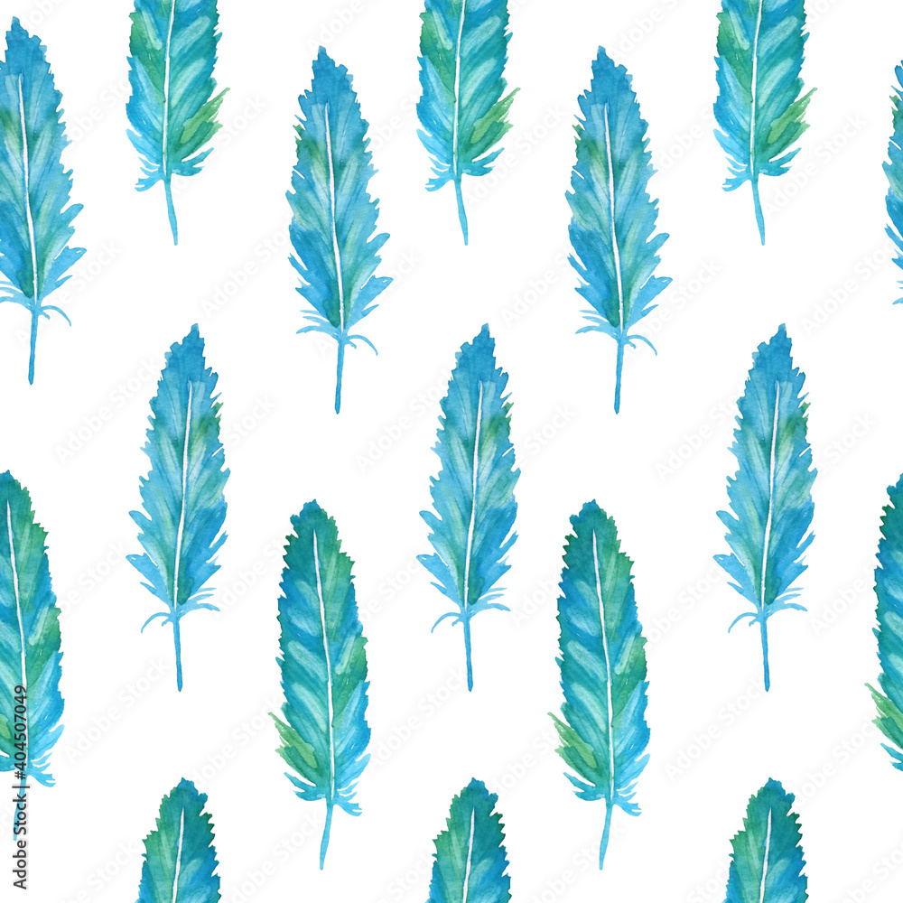 Fototapeta Watercolor seamless hand drawn pattern with blue green turquoise feathers. Aquamarine boho background for textile wallpapers. Romantic sketch retro wedding illustration.