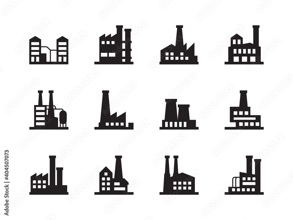Factory silhouettes. Manufacture industrial plant chemical production air pollution garish vector symbols. Production and manufacturing, construction manufacture illustration