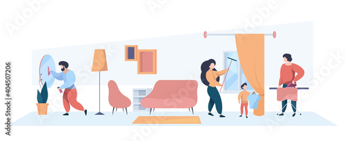 Family cleaning home interior. Mother father and kids washing room children helping parents garish vector person. Housework family, domestic cleaning illustration © ONYXprj