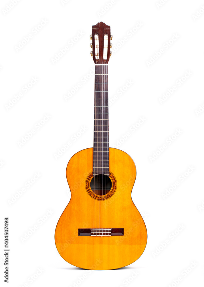 Beautiful wooden guitar isolated on white background