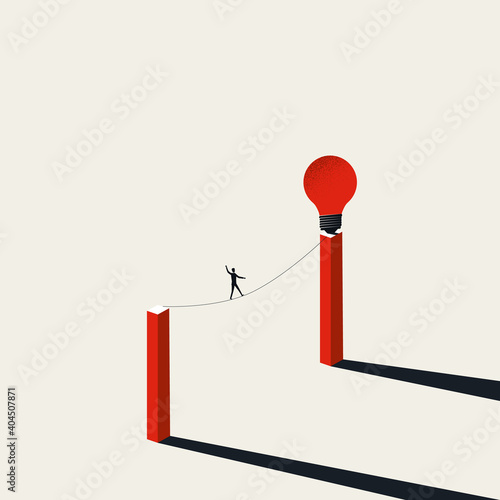 Business challenge and creativity vector concept. Businessman on tightrope to lightbulb. Symbol of courage, innovation.