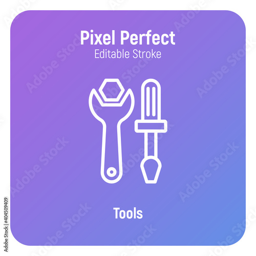 Tools  screwdriver and wrench. Repair  fix  support service. Thin line icon. Pixel perfecr  editable stroke. Vector illustration.