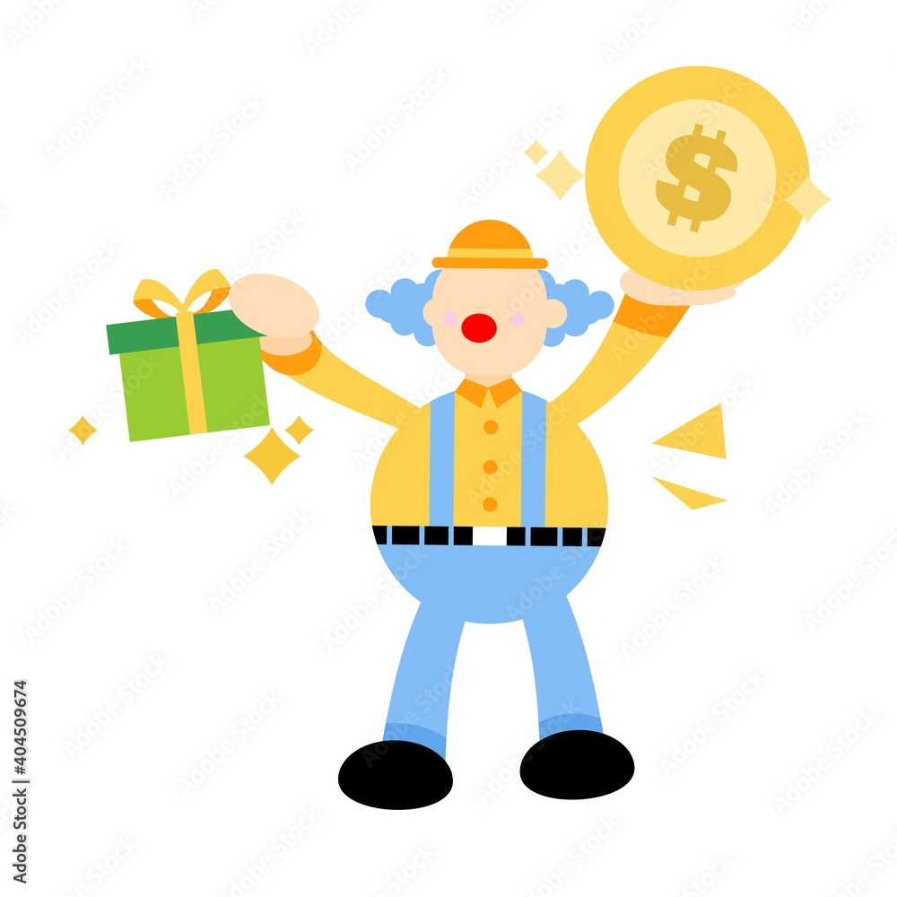 happy clown choose gift box and dollar money coin cartoon doodle flat design style vector illustration happy clown choose gift box and dollar money coin cartoon doodle flat design style vector illustration