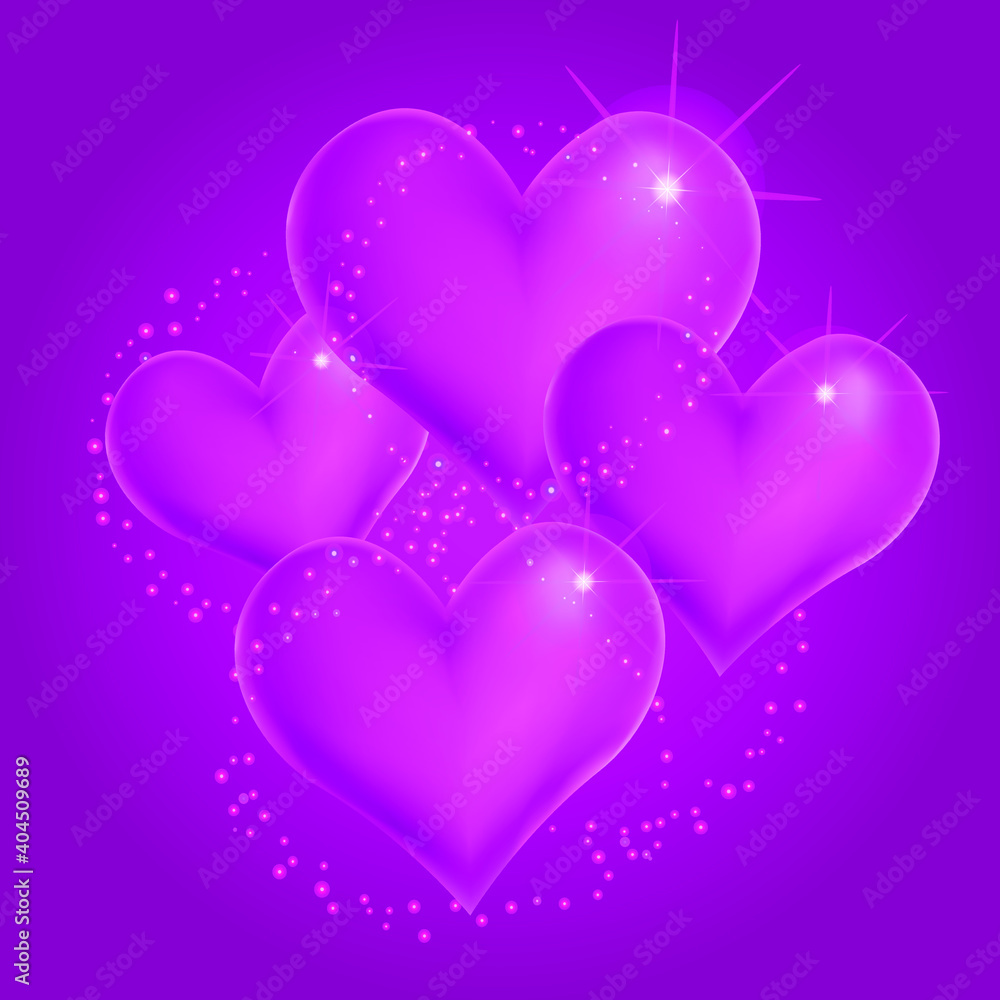 Volumetric hearts in 3D on a purple background. Shining sparkles. Vector illustration.