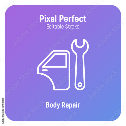 Car service: auto body repair thin line icon. Car door and wrench. Pixel perfect, editable stroke. Vector illustration.