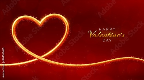 Happy Valentines day sale banner. 3D Realistic shining heart shaped golden frame with glitter texture. Wallpaper, flyer, poster, brochure, greeting card. Vector illustration.