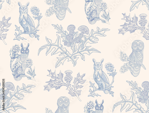 Seamless pattern with owls and thistle flowers