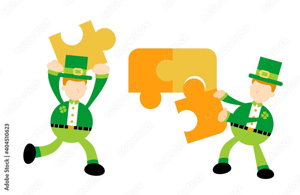 happy leprechaun and play green puzzle teamwork cartoon doodle flat design style vector illustration